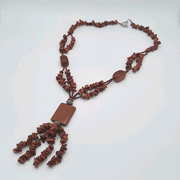 Copper MultiStrand Goldstone Rectangle Pendant Tassel Cluster Statement Necklace - Picture 2 of 5